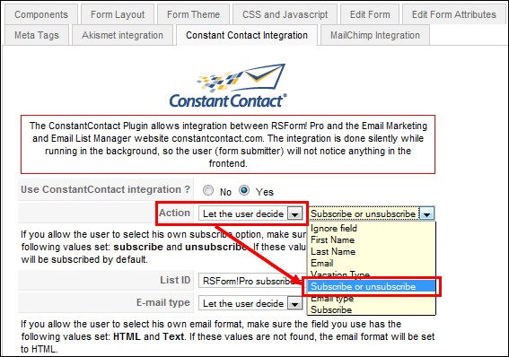 configure the RSForm!Pro Constant Contact Plugin